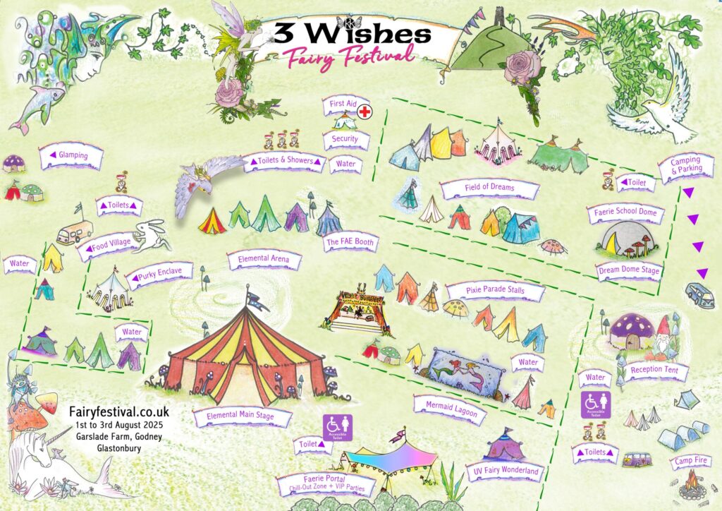 Magical map for 3 Wishes fairy Festival includes the field of dreams, elemental arena, faerie portal chill-out zone